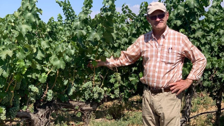 Dick Boushey next to his Sauvignon Blanc 23 August 2022