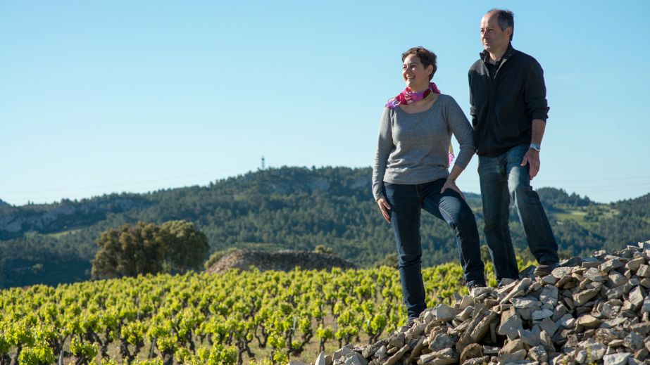 Anne Gros and Jean-Paul Tollot overlooking their Minervois vines