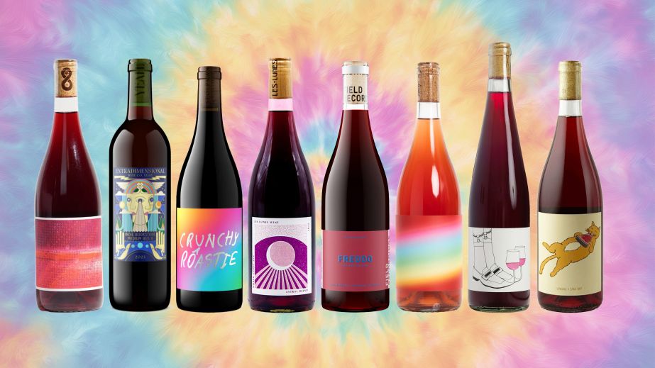 West Coast chillable reds bottle line-up on tie-dye background