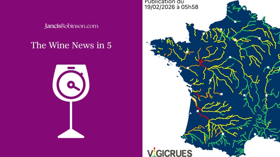 wine-news-in-5 logo and a Vigicrues map showine major flooding in France on 19/2/2026
