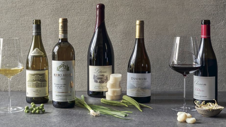 Still life of wine bottles and Asian greens