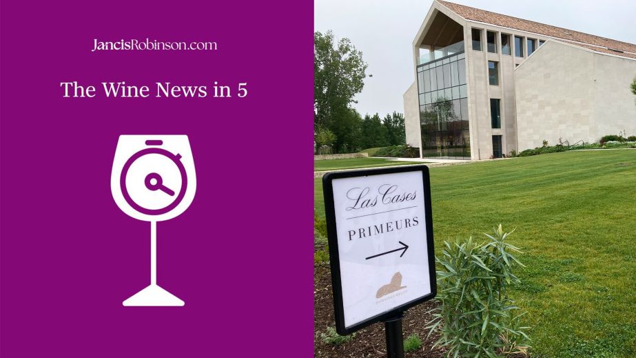 Wine news in 5 logo and the en primeur sign pointing to Las Cases in Bordeaux by James Lawther.jpg