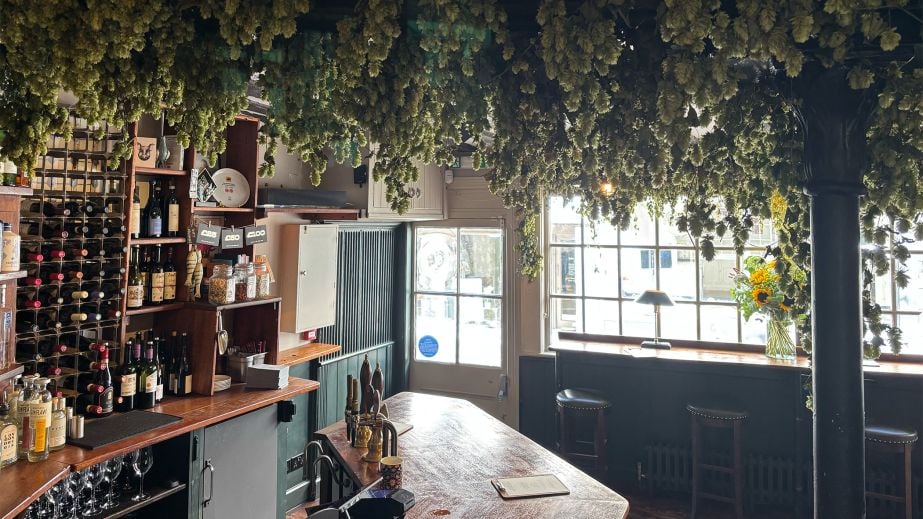Hops hang from the ceiling at Dylan's at The Kings Arms in St Albans