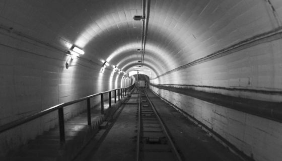 Rack and pinion railway leading down 100 feet to Octavian's bonded wine warehouse at Corhsm