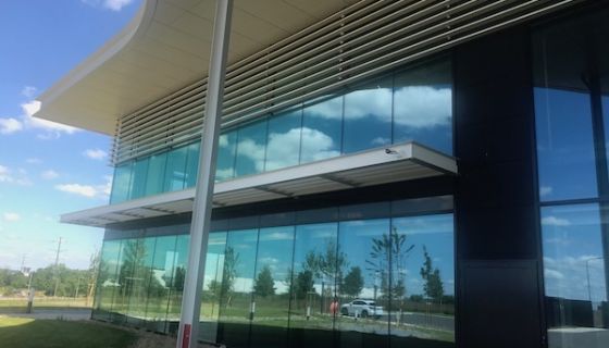 Exterior of Champagne Palmer's environmentally designed new winery outside Reims