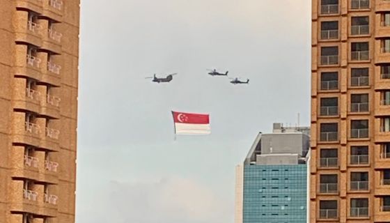 Singapore flag flown by helicopters