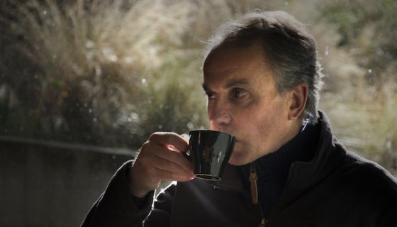 Francois Millet with coffee at Prophet's Rock winery in Central Otago