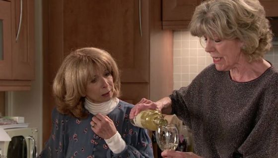 Audrey pours Gail some wine on Coronation Street