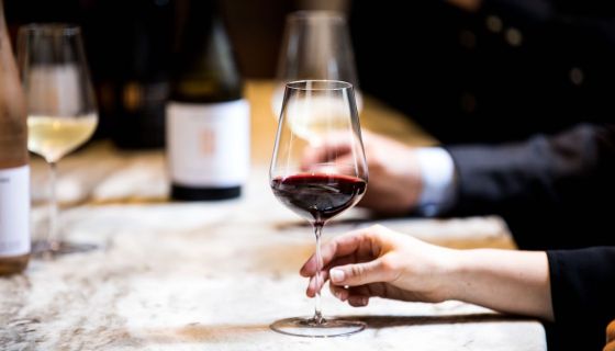 Deep red wine in one Jancis Robinson glass