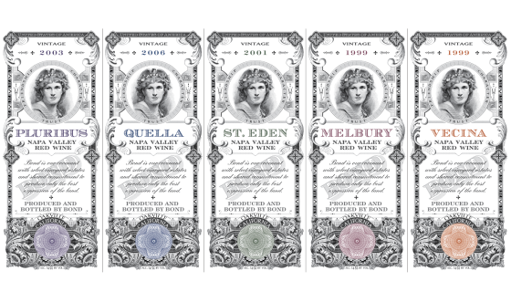 Labels of five Bond wines - Pluribus, Quella, St Eden, Melbury, Vecina