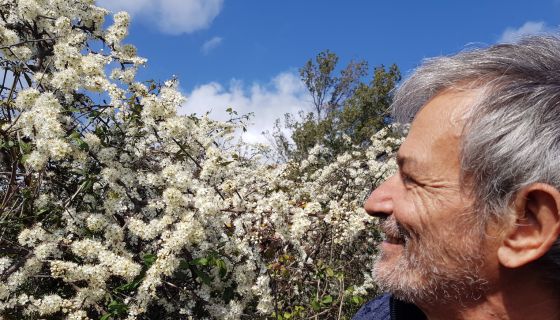 Katia Nussbaum's husband Gigi in spring 2021 by the blackthorn