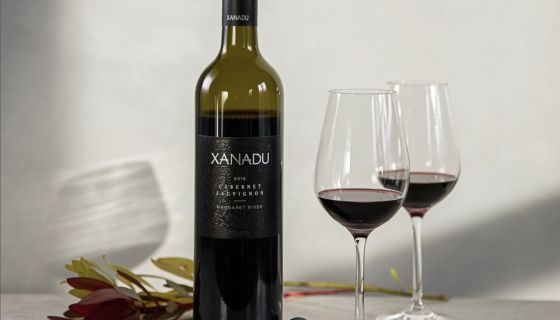 Bottle of Xanadu Cabernet with two glasses