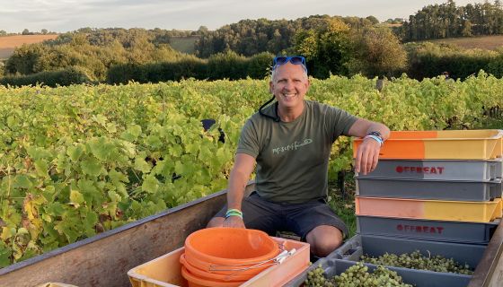 Wildman with 2021 Reichensteiner grapes planted in Herefordshire in 1973
