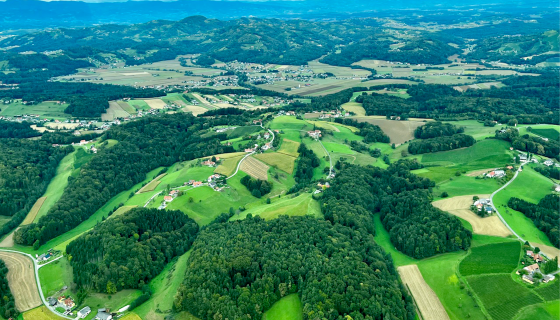 An aerieal view of the extremely green Styrian vineyards