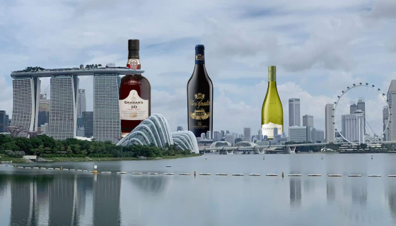 Signapore skyline with wine bottles