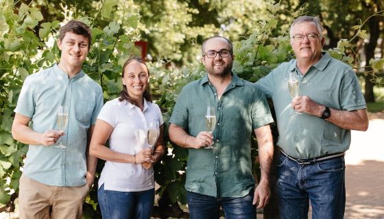 Left to right: Frank Slabbert (Assistant winemaker), Danna de Jongh (Cap Classique & white winemaker), Michael Malan (Cellarmaster & red winemaker), Johan Malan (Director of winemaking). Danna de Jongh makes all white wines, excluding any containing Chenin Blanc, which Michael makes.