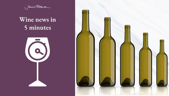 Various wine bottle sizes and Wine News in 5 logo