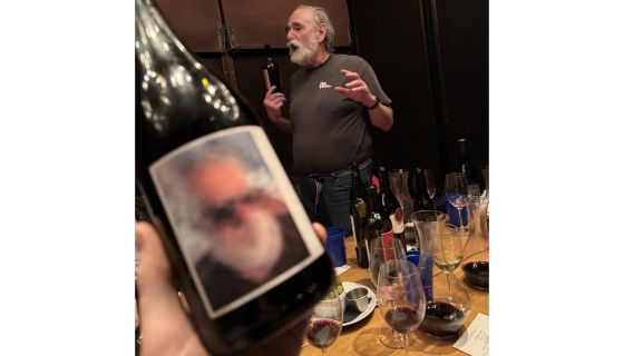 Caption: A tasting moment during the NYC blind wine dinner where the author’s Grenache was revealed.  Photo credit: Peter Brush