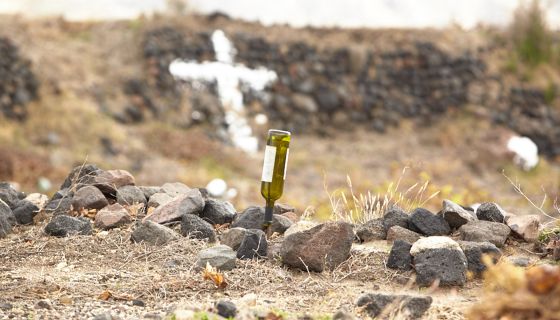 Santorini vineyard with wine bottle via Yiannis Karakasis MW