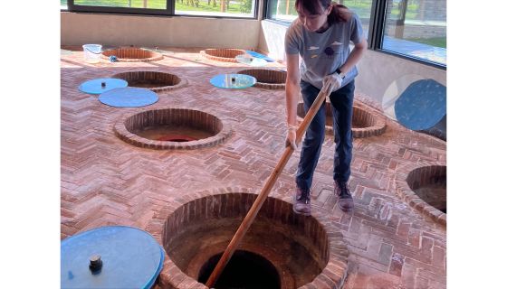 The author working hard on a qvevri to coerce stubborn native yeasts at the Chateau Mukhrani marani. 