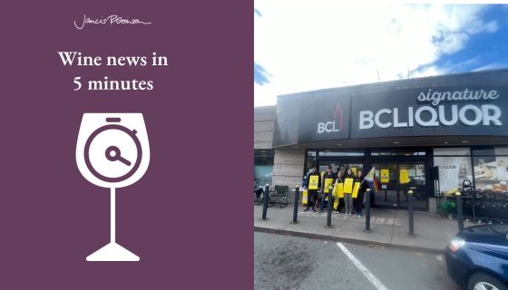 BC strikers in front of BC liquor store, and jr-wine-news-5-min-logo