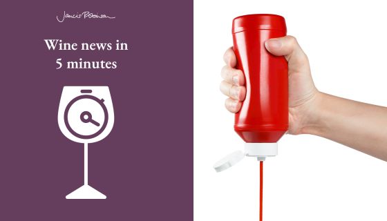 Kechup bottle being squeezed upside down and Wine News in 5 logo