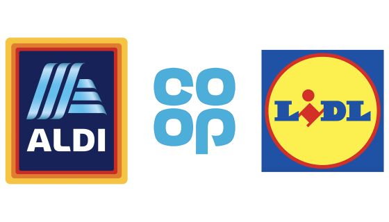 Aldi Co-op and Lidl logos