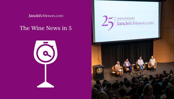 Wine News in 5 logo and Josh Greene, Jancis Robinson, Alder Yarrow and Sam Cole-Johnson on stage at the CIA Copia; photo credit Julep Productions for Wine Institute