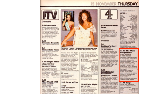 UK newspaper listing including The Wine Programme from 1983