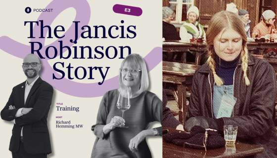 A montage of an image promoting the Jancis Robinson Story with a photo of Jancis Robinson at a ski resort in the 1970s