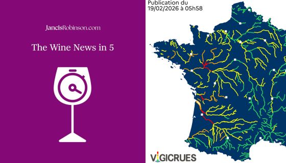 wine-news-in-5 logo and a Vigicrues map showine major flooding in France on 19/2/2026