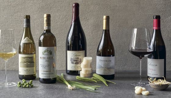 Still life of wine bottles and Asian greens