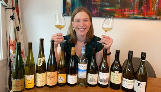 Samantha Cole-Johnson tasting a lineup of Pinot Gris wines