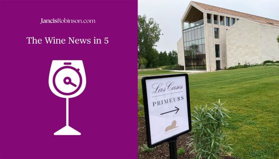 Wine news in 5 logo and the en primeur sign pointing to Las Cases in Bordeaux by James Lawther.jpg
