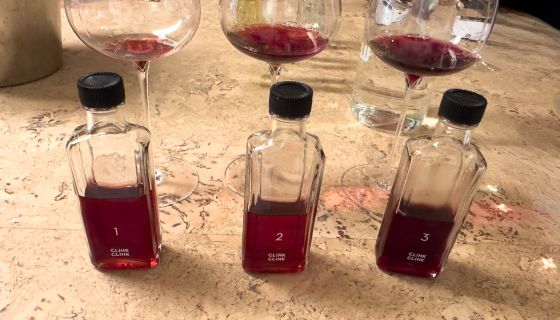 Three wine glasses and three miniature bottles, all containing small amounts of red wine
