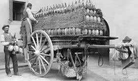 Cart loaded with straw-covered fiaschi in nineteenth century Tuscany