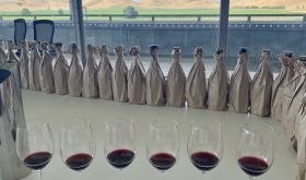 Glasses of red wine in a tasting room with a view of Hawke's Bay
