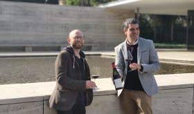 Andrew Morris and Ferran Centelles by the Mies van der Rohe Pavilion in Barcelona