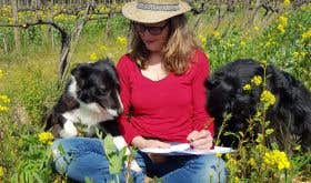 Katia Nussbaum and dogs in vineyard