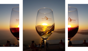 Santo wine triptych, sunset on Santorini