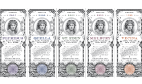 Labels of five Bond wines - Pluribus, Quella, St Eden, Melbury, Vecina