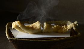 Steaming freshly cooked tempura at Mikawa in Tokyo