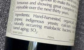 A closeup of the ingredient label on a Ridge wine.
