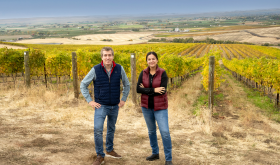 Owner and CEO of Valdemar Estates, Jesús Martínez Bujanda, and winemaker and viticulturist, Devyani Gupta, stand in their newly acquired V2 vineyard, purchased from Betz Family Winery in November 2022. Photo courtesy of Valdemar Family Estates.