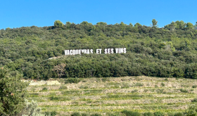 A sign in the hillside announcing 'Vacqueyras'