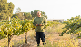 Andrew Jones walking through a vineyard