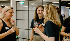 Hattie Hardy – Sales Support at Liberty Wines; Mina Frost – Editor at Liv-ex; and Maddy Evrington – Sogrape Brand Manager at Liberty Wines speak at an event for women in wine.