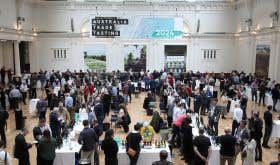 An aerial view of tables and people at the Australia trade tasting in London, January 2024