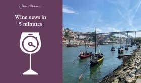 Wine News in 5 logo and photo of waterfront in Vila Nova de Gaia, Portugal