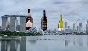 Signapore skyline with wine bottles